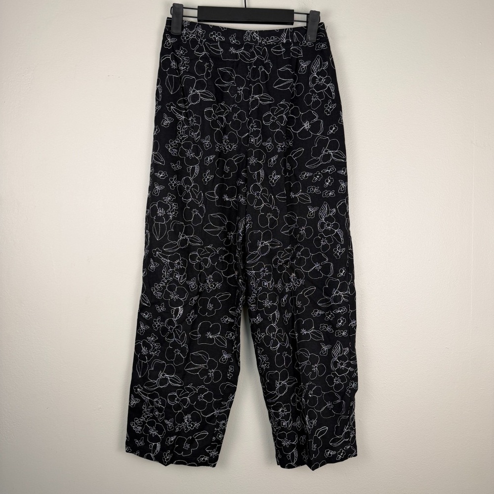 Notations Wide Legโ Pants Women's Small Black Floral Print Linen Blend Cropped